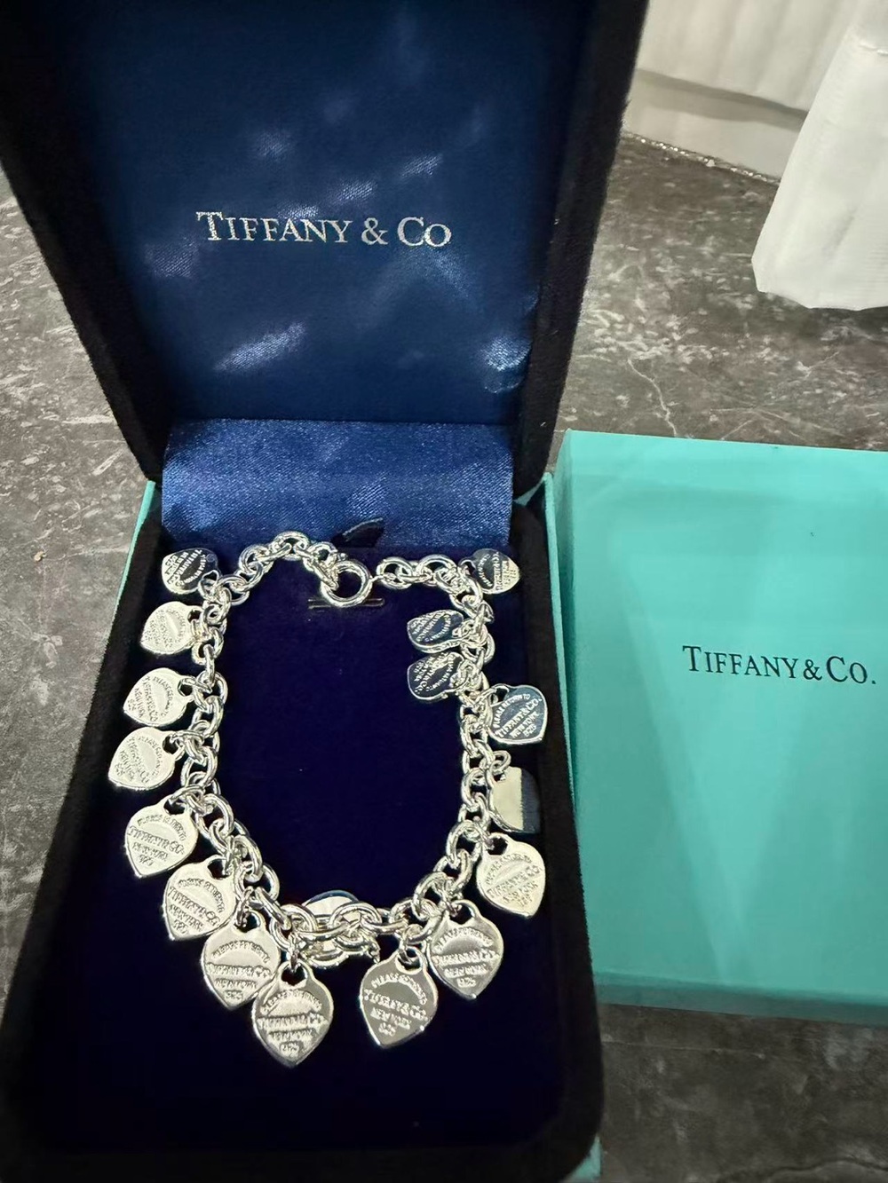 Tiffany & Co. . Silver Heart Charm Bracelet with Signature Blue Box
